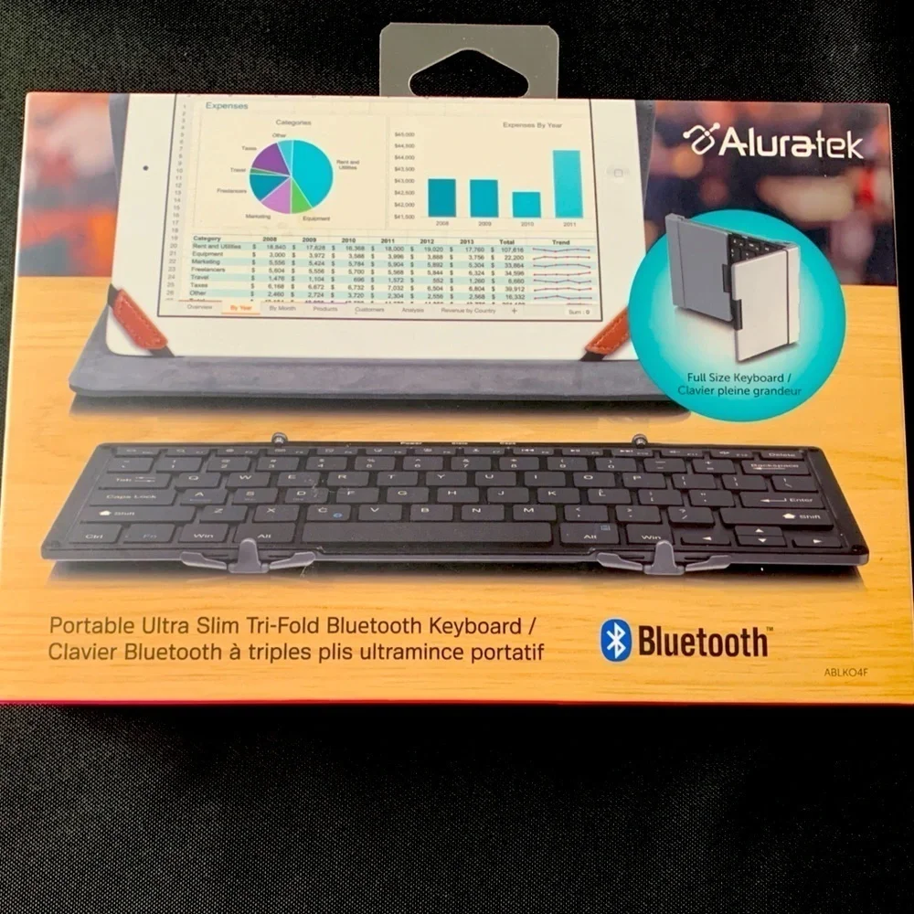 Aluratek Portable Aluminum Tri-Fold Bluetooth keyboard.